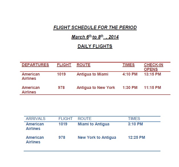 American Airlines Flight schedule February March